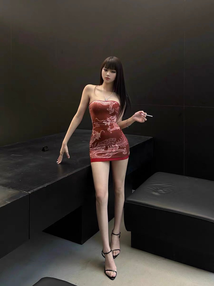 XENASERA | Chinese Style Dragon Print Strapless Mini Dress