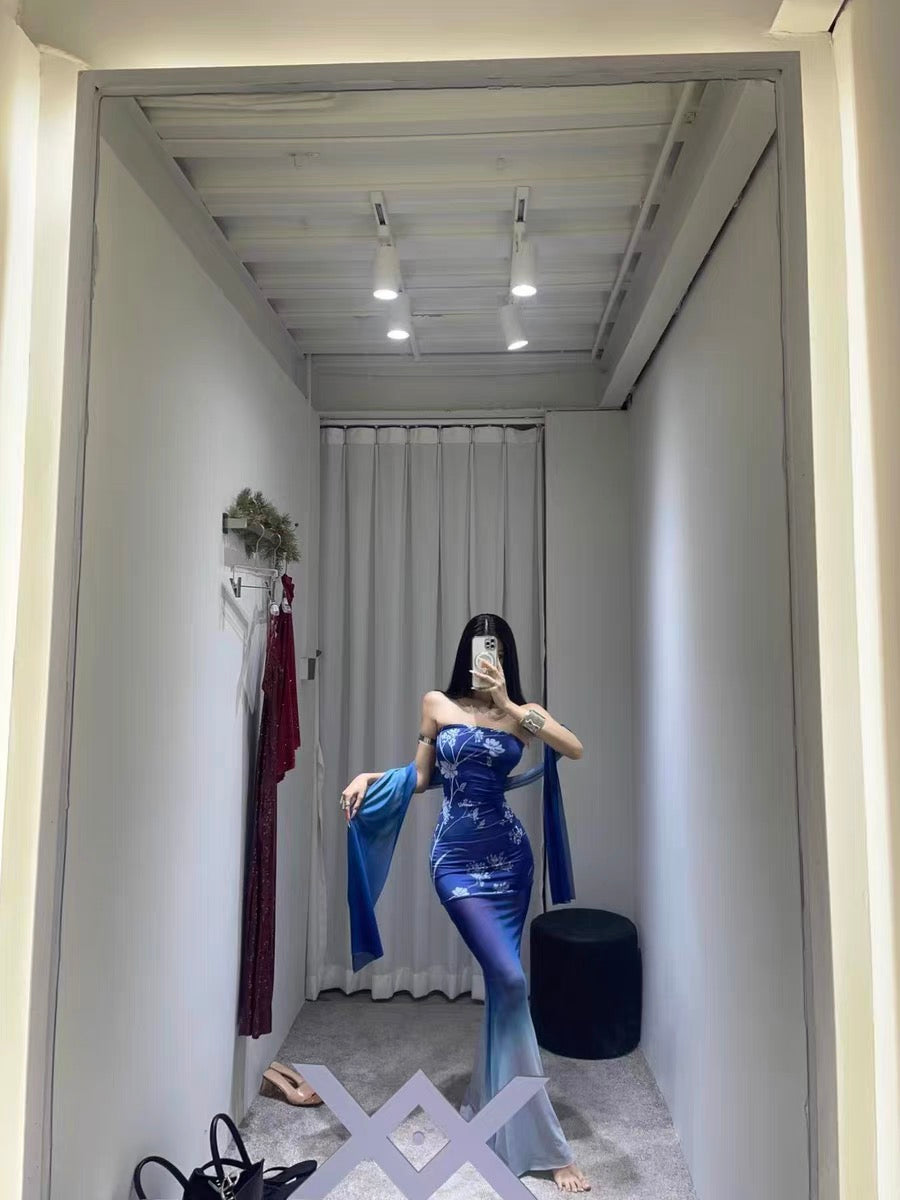 XENASERA | Blue and White Porcelain Print Strapless Mesh Dress (with Scarf)