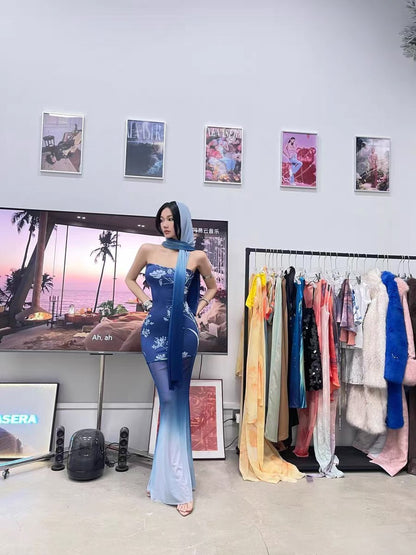 XENASERA | Blue and White Porcelain Print Strapless Mesh Dress (with Scarf)