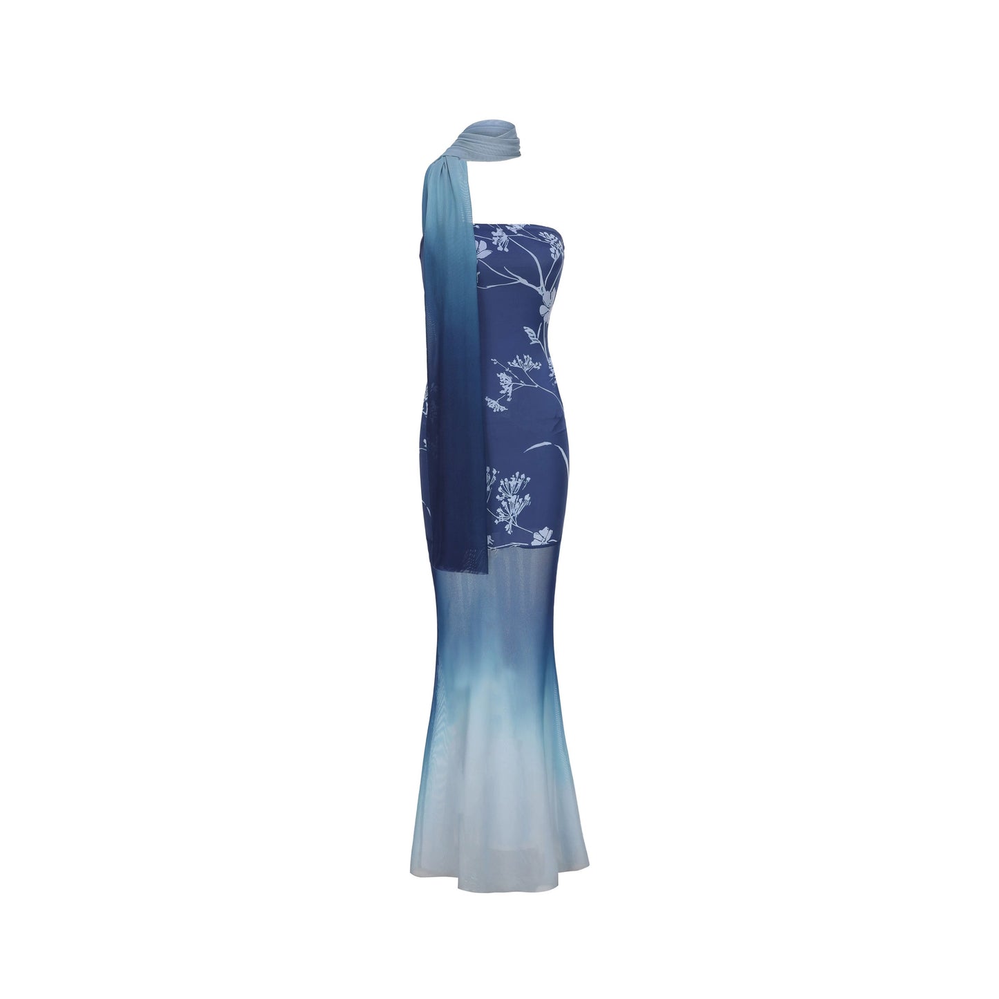 XENASERA | Blue and White Porcelain Print Strapless Mesh Dress (with Scarf)