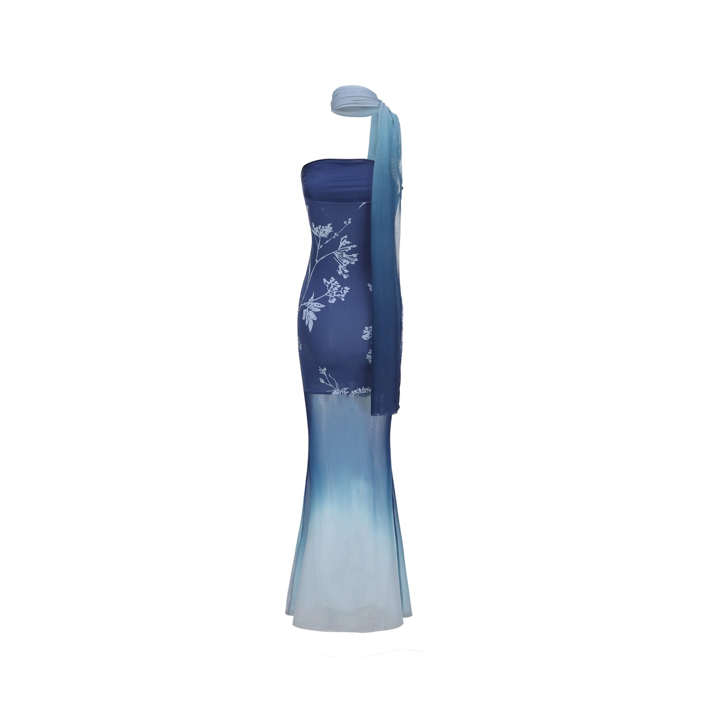 XENASERA | Blue and White Porcelain Print Strapless Mesh Dress (with Scarf)