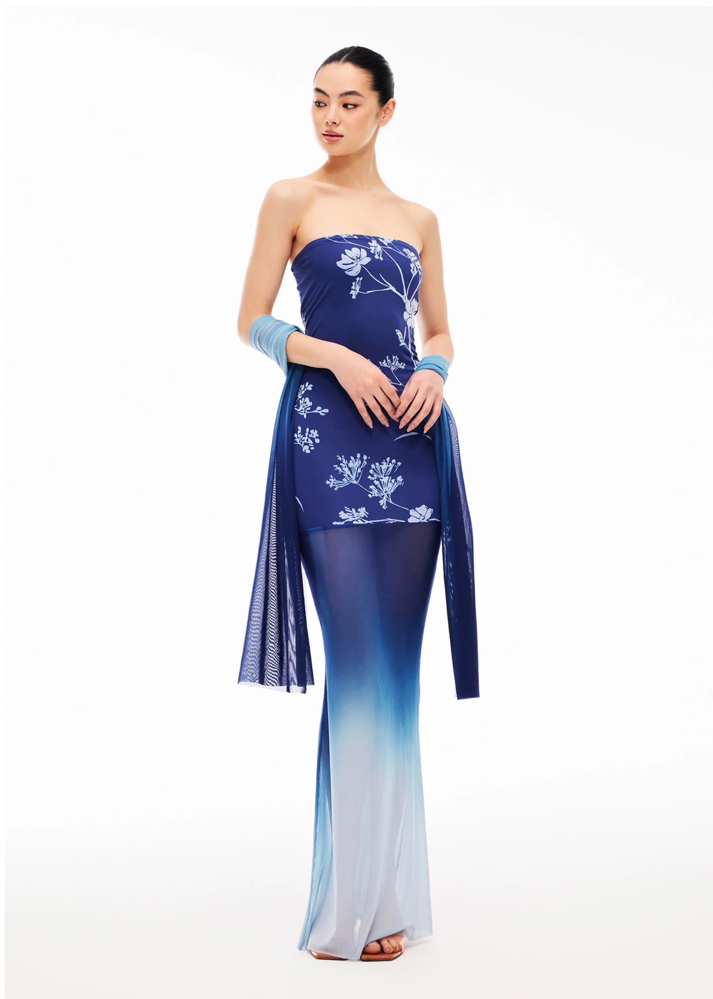 XENASERA | Blue and White Porcelain Print Strapless Mesh Dress (with Scarf)