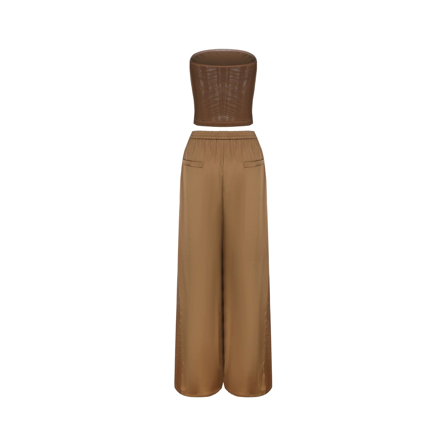XENASERA | Strapless Top and Pants Set with Satin and Mesh Panels (Amber)