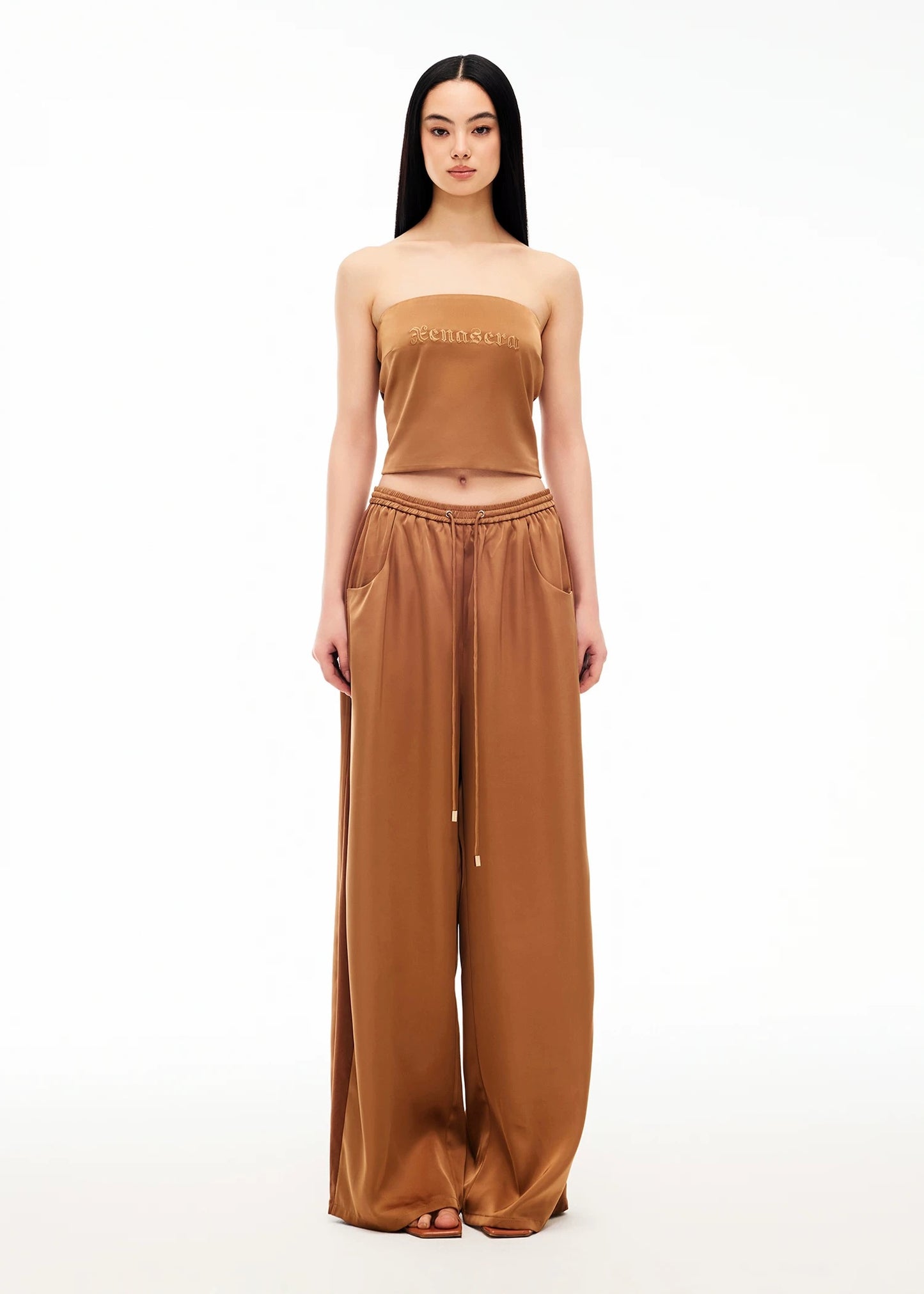 XENASERA | Strapless Top and Pants Set with Satin and Mesh Panels (Amber)