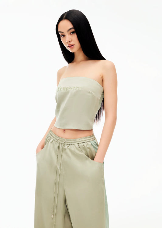 XENASERA | Strapless Top and Pants Set with Satin and Mesh Panels (Matcha Green)