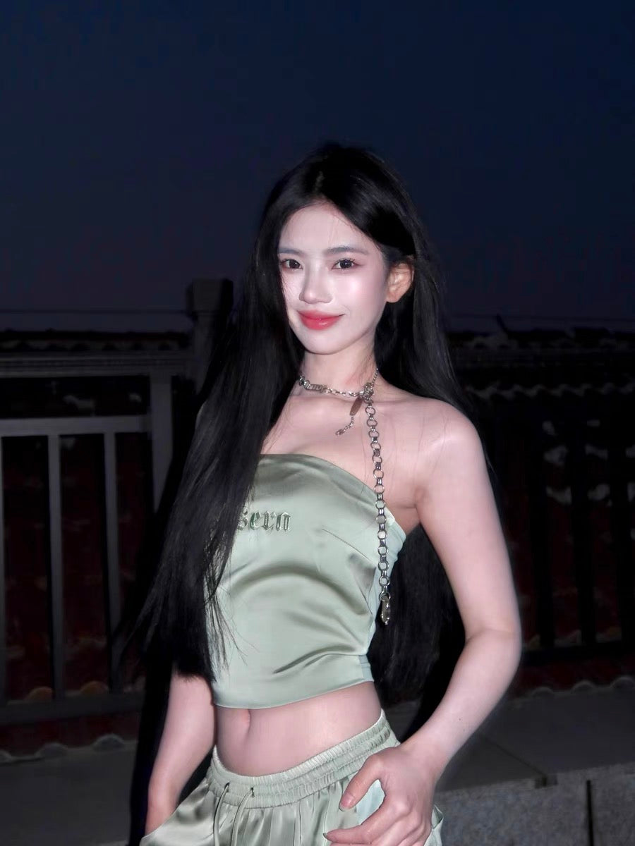 XENASERA | Strapless Top and Pants Set with Satin and Mesh Panels (Matcha Green)