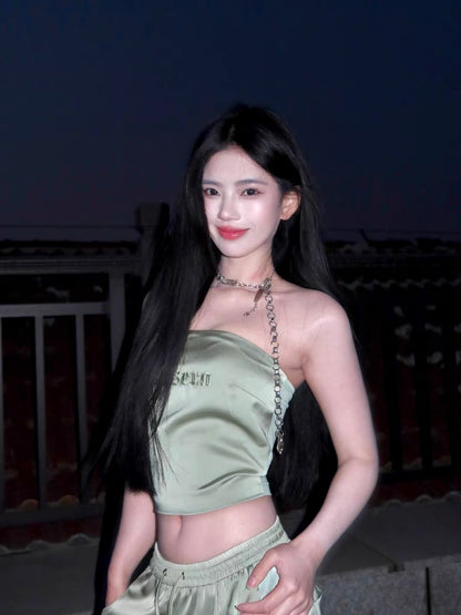 XENASERA | Strapless Top and Pants Set with Satin and Mesh Panels (Matcha Green)