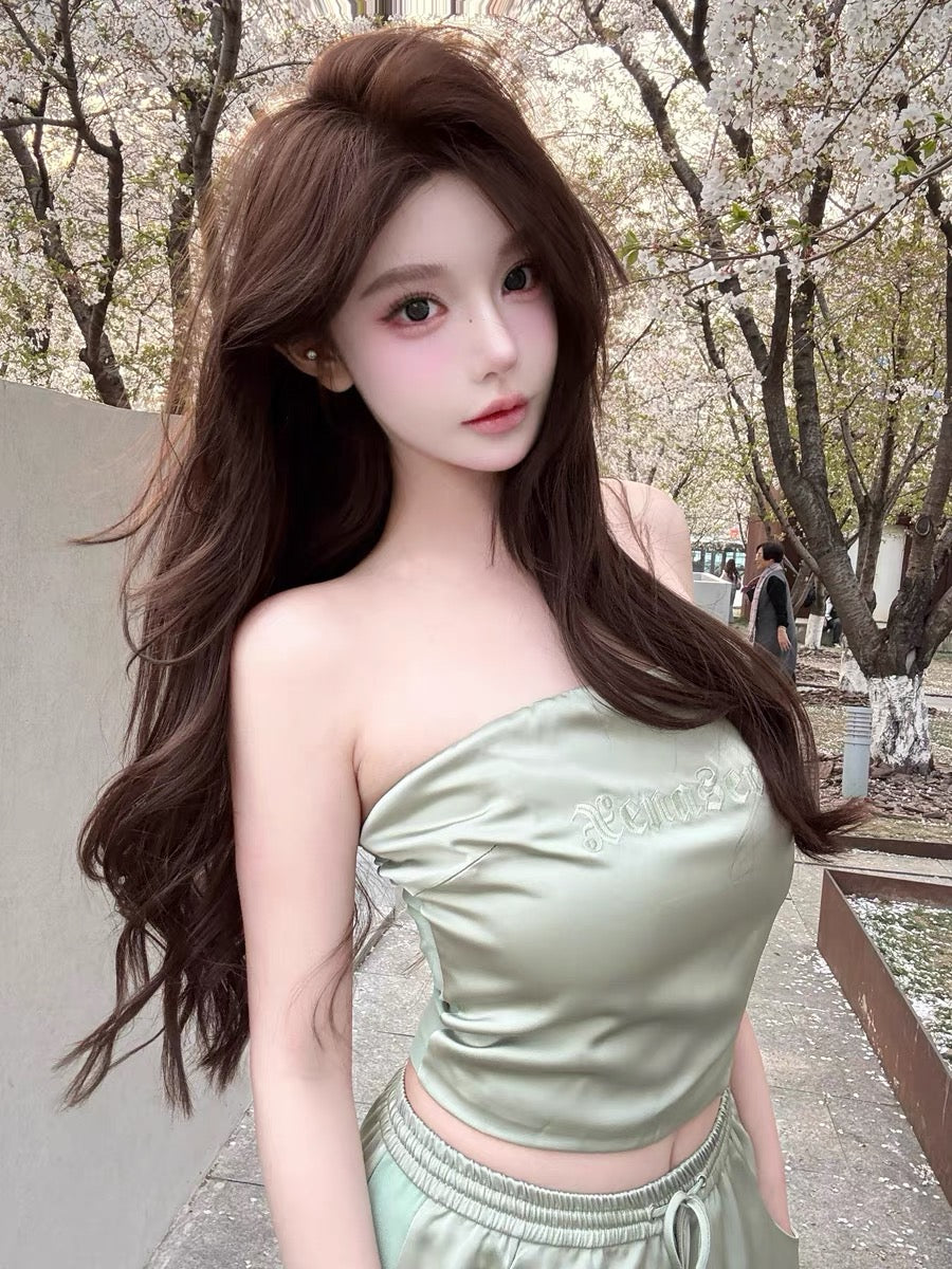 XENASERA | Strapless Top and Pants Set with Satin and Mesh Panels (Matcha Green)
