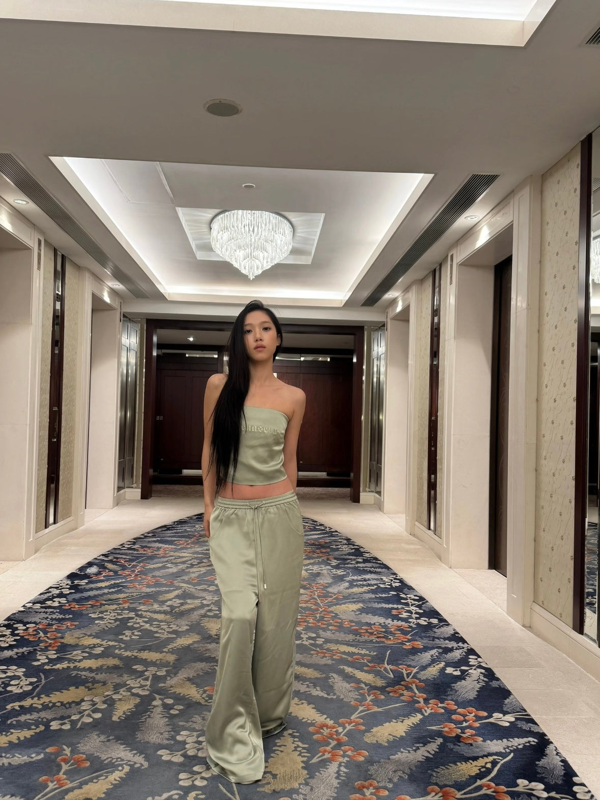 XENASERA | Strapless Top and Pants Set with Satin and Mesh Panels (Matcha Green)
