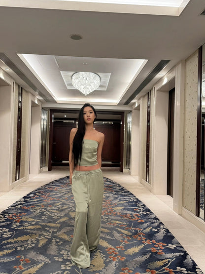 XENASERA | Strapless Top and Pants Set with Satin and Mesh Panels (Matcha Green)