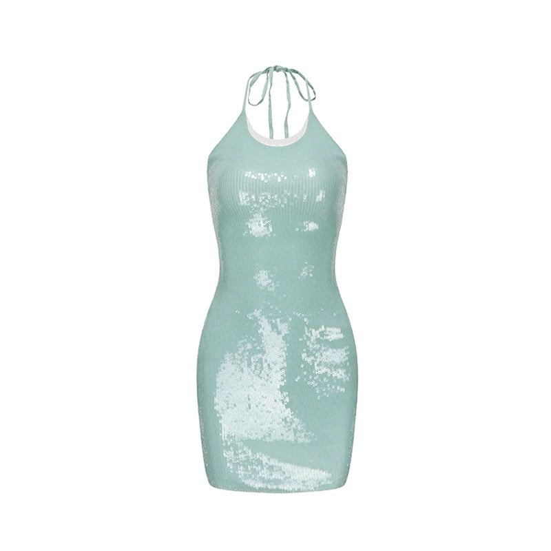 XENASERA | Halter Neck Sequined Backless Mini Dress (Mint Green)