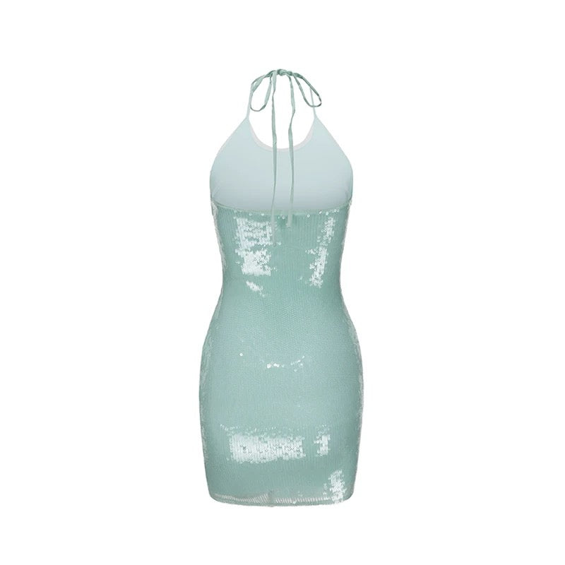 XENASERA | Halter Neck Sequined Backless Mini Dress (Mint Green)