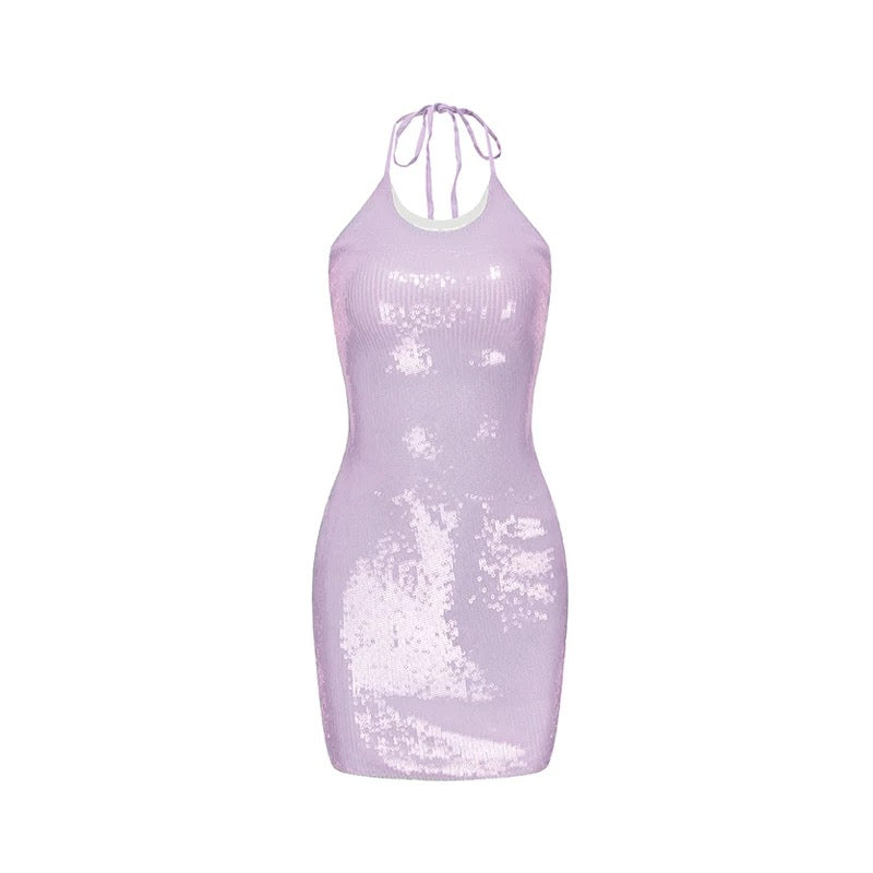XENASERA | Halter Neck Sequined Backless Mini Dress (Rose Purple)