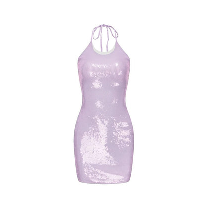 XENASERA | Halter Neck Sequined Backless Mini Dress (Rose Purple)