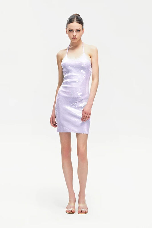 XENASERA | Halter Neck Sequined Backless Mini Dress (Rose Purple)