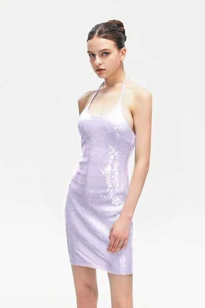 XENASERA | Halter Neck Sequined Backless Mini Dress (Rose Purple)