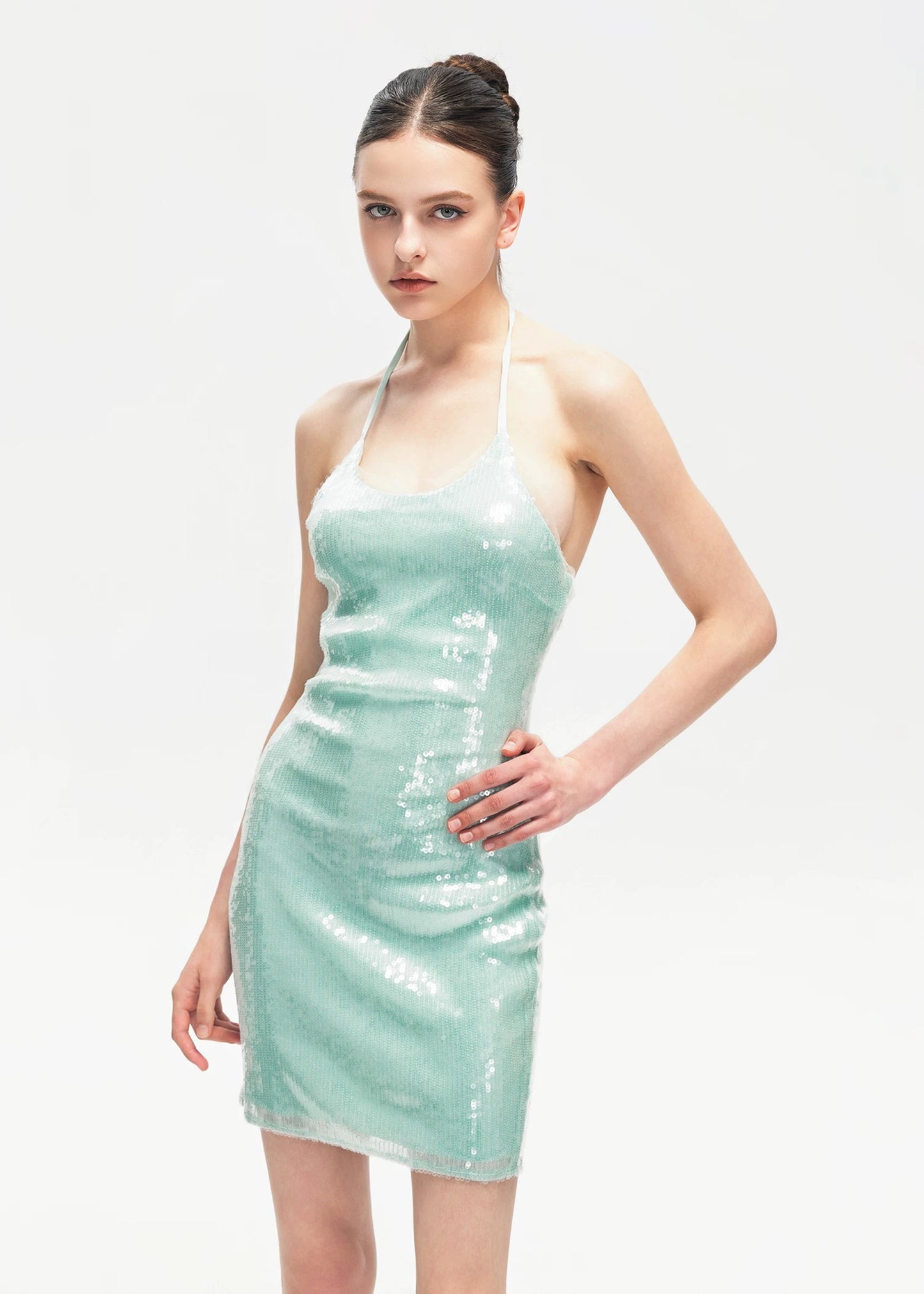 XENASERA | Halter Neck Sequined Backless Mini Dress (Mint Green)