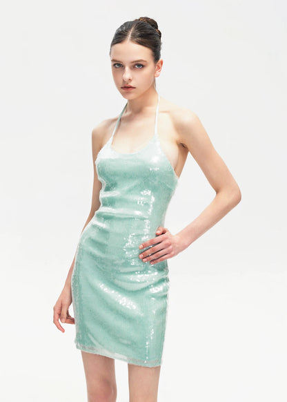 XENASERA | Halter Neck Sequined Backless Mini Dress (Mint Green)
