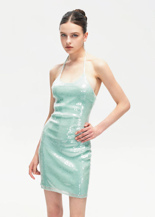 XENASERA | Halter Neck Sequined Backless Mini Dress (Mint Green)