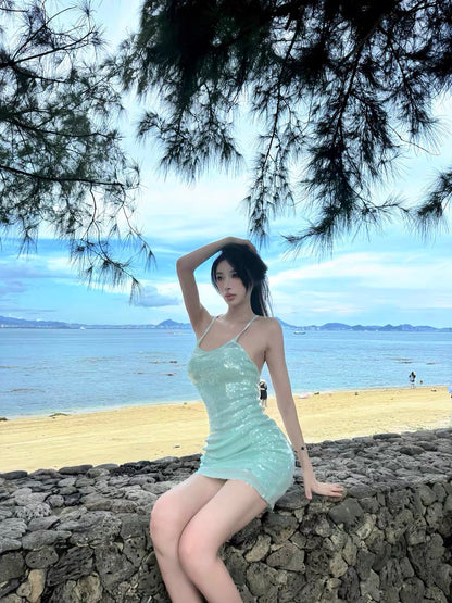 XENASERA | Halter Neck Sequined Backless Mini Dress (Mint Green)