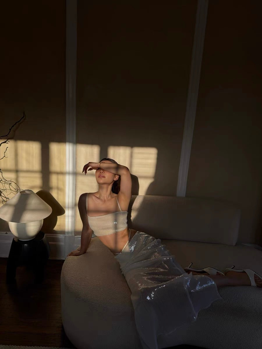 XENASERA | Pearl White Sequin Strapless Top and High-Slit Skirt Set