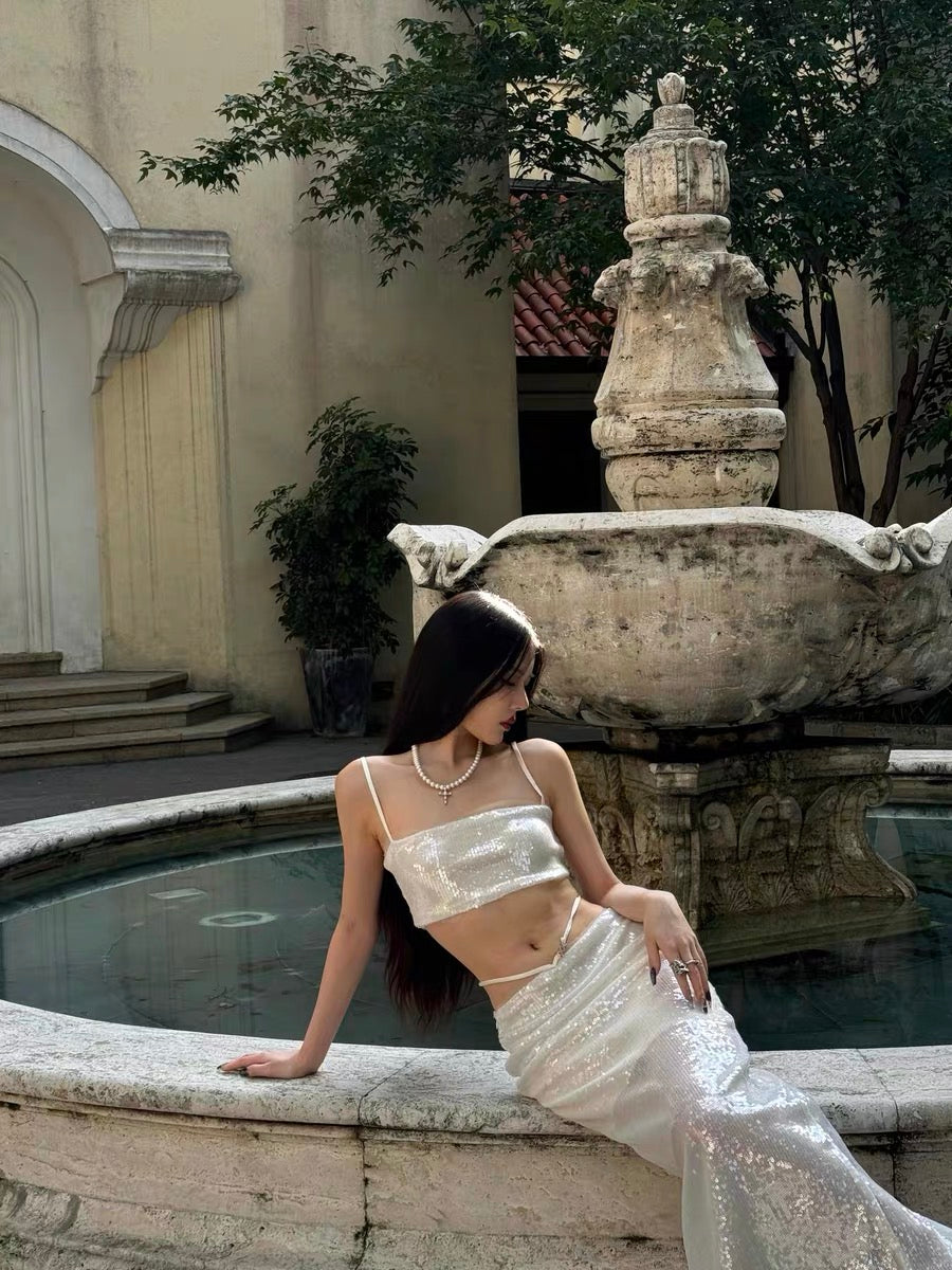 XENASERA | Pearl White Sequin Strapless Top and High-Slit Skirt Set