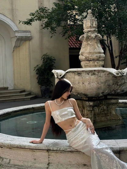 XENASERA | Pearl White Sequin Strapless Top and High-Slit Skirt Set