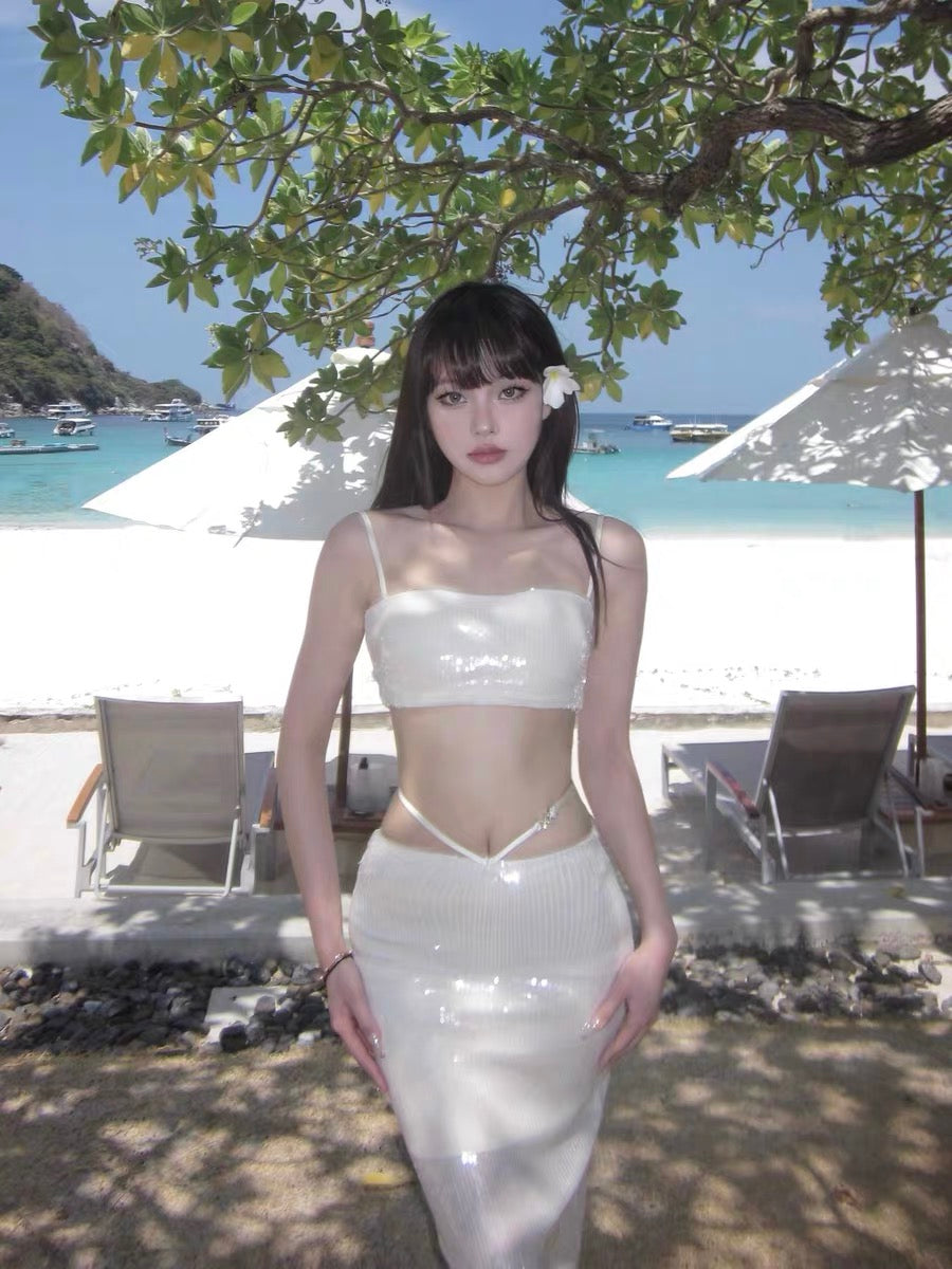 XENASERA | Pearl White Sequin Strapless Top and High-Slit Skirt Set