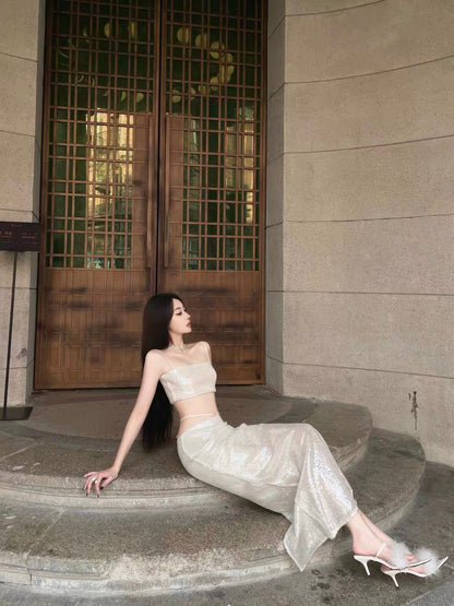 XENASERA | Pearl White Sequin Strapless Top and High-Slit Skirt Set