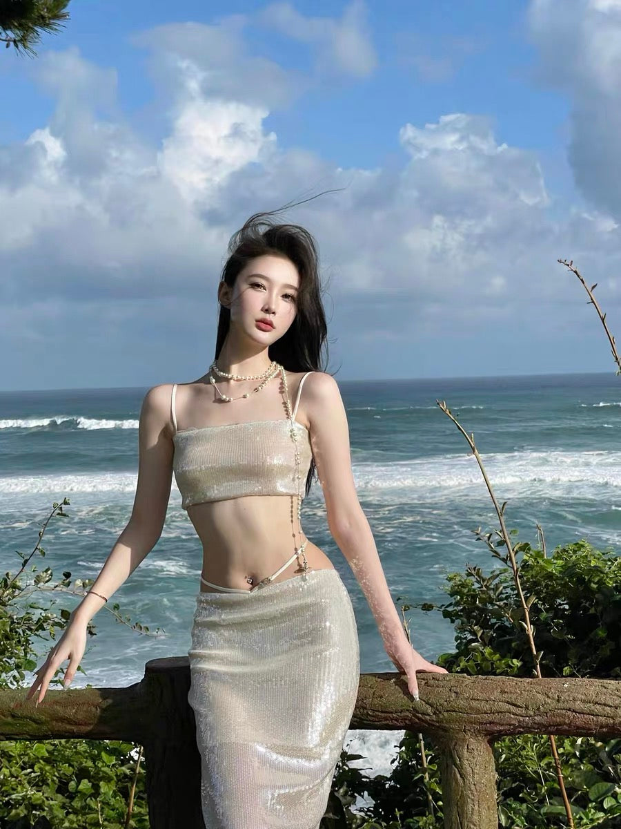 XENASERA | Pearl White Sequin Strapless Top and High-Slit Skirt Set