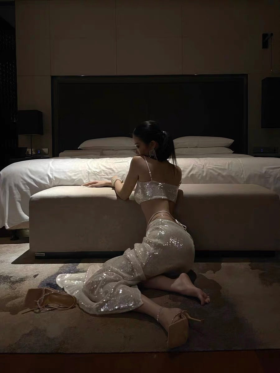 XENASERA | Pearl White Sequin Strapless Top and High-Slit Skirt Set