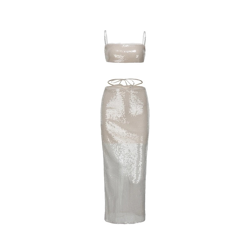 XENASERA | Pearl White Sequin Strapless Top and High-Slit Skirt Set