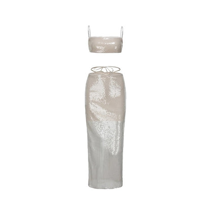 XENASERA | Pearl White Sequin Strapless Top and High-Slit Skirt Set