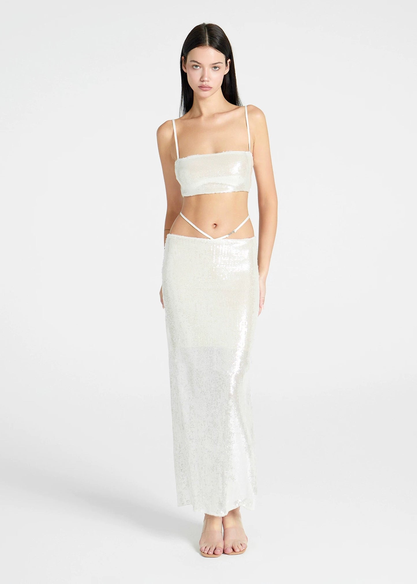 XENASERA | Pearl White Sequin Strapless Top and High-Slit Skirt Set