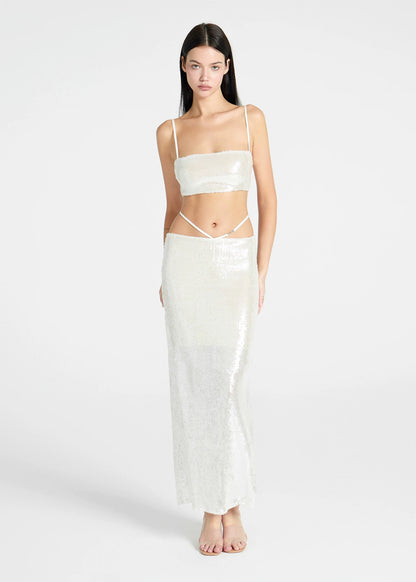 XENASERA | Pearl White Sequin Strapless Top and High-Slit Skirt Set