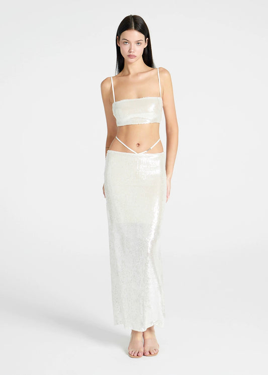XENASERA | Pearl White Sequin Strapless Top and High-Slit Skirt Set