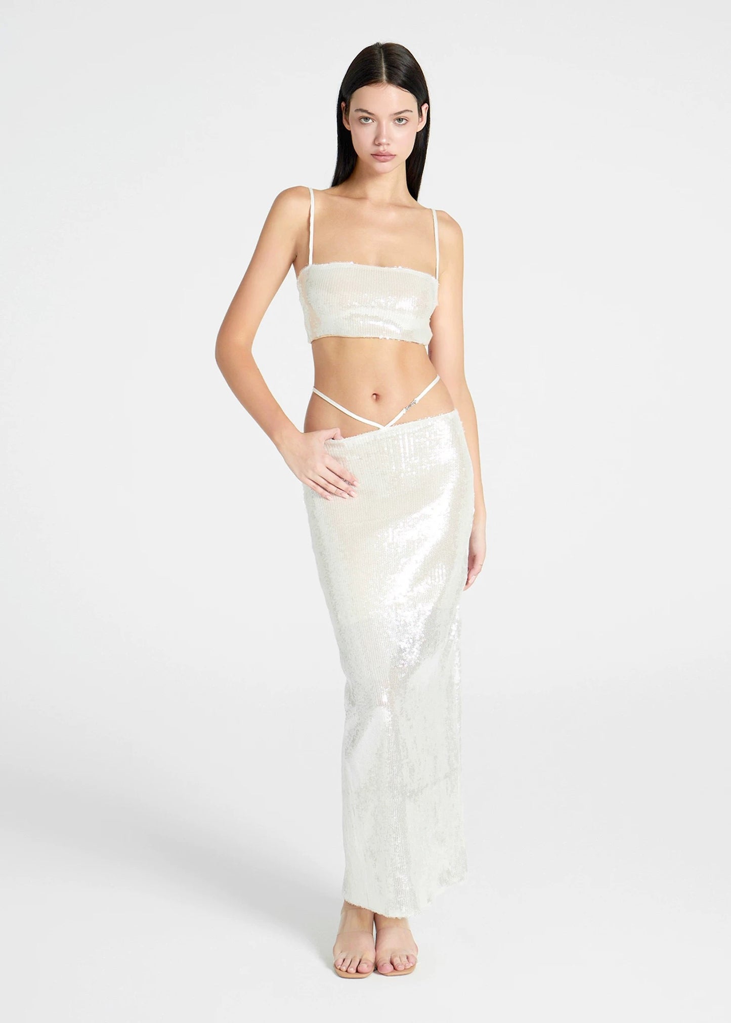 XENASERA | Pearl White Sequin Strapless Top and High-Slit Skirt Set