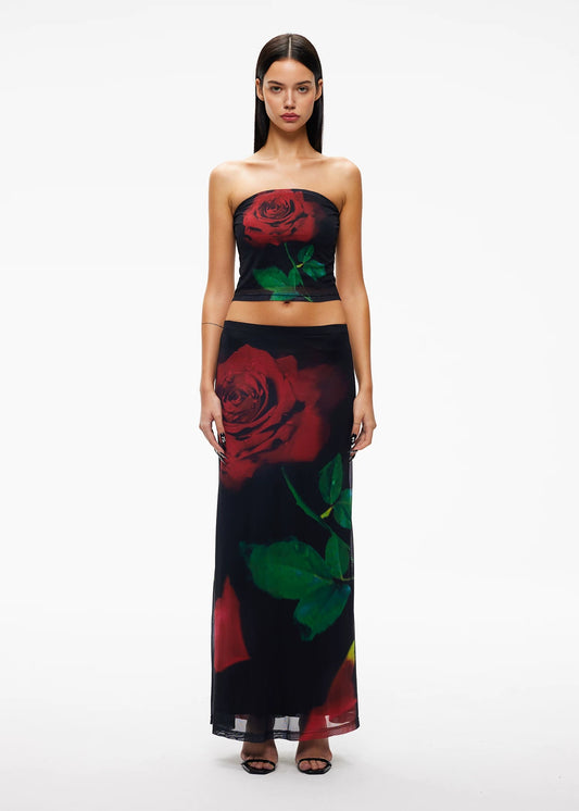 XENASERA | Rose Print Strapless Top and Skirt Set