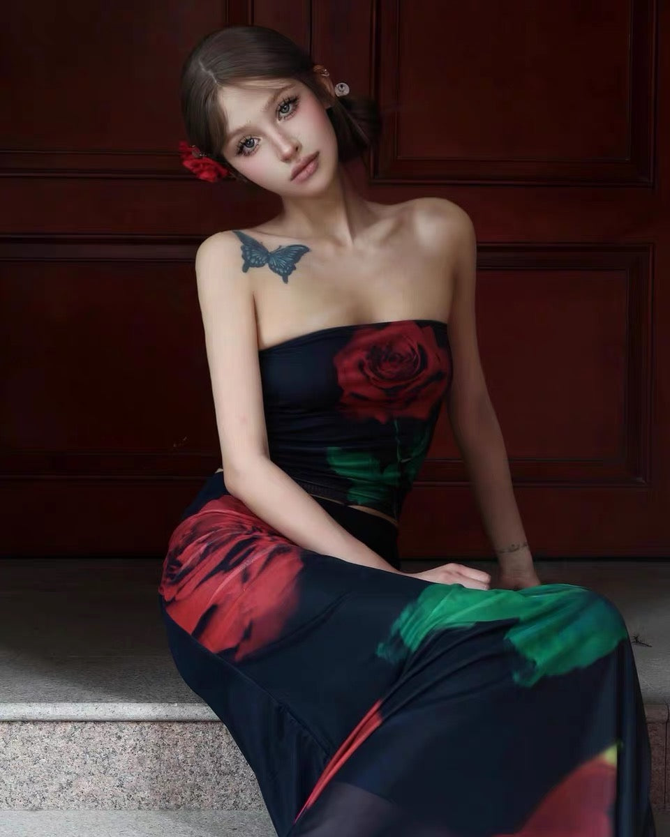 XENASERA | Rose Print Strapless Top and Skirt Set