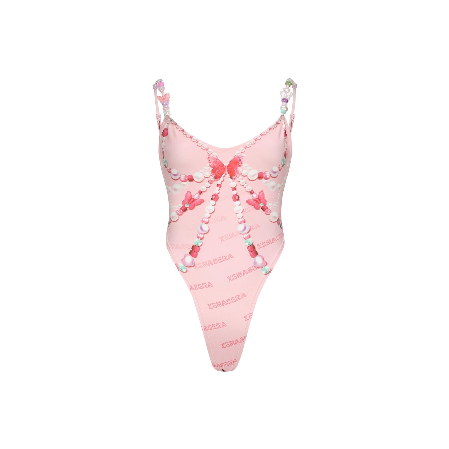 XENASERA | Pink Bow Print Spaghetti Strap Bodysuit with Candy Decoration