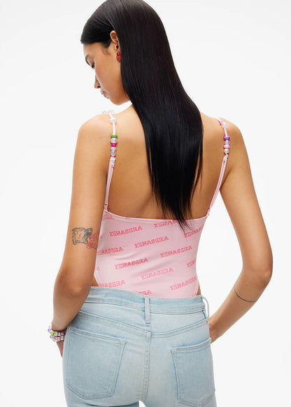 XENASERA | Pink Bow Print Spaghetti Strap Bodysuit with Candy Decoration