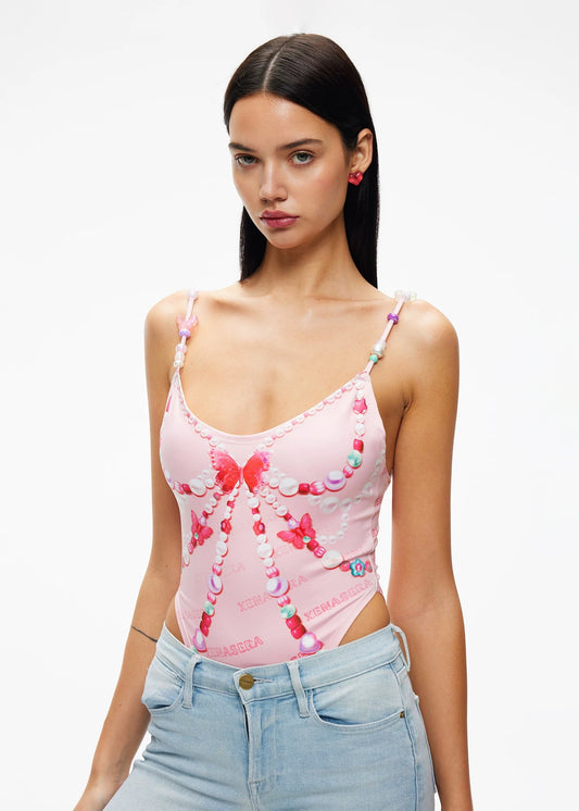 XENASERA | Pink Bow Print Spaghetti Strap Bodysuit with Candy Decoration