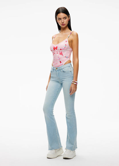 XENASERA | Pink Bow Print Spaghetti Strap Bodysuit with Candy Decoration