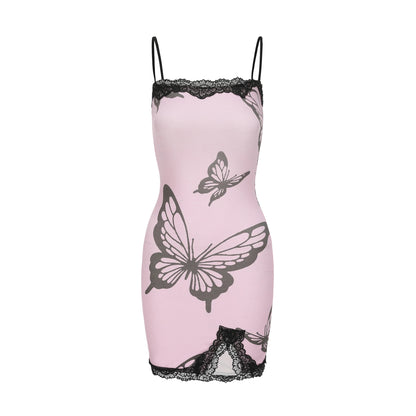 XENASERA | Butterfly Print Lace Strap Mini Dress