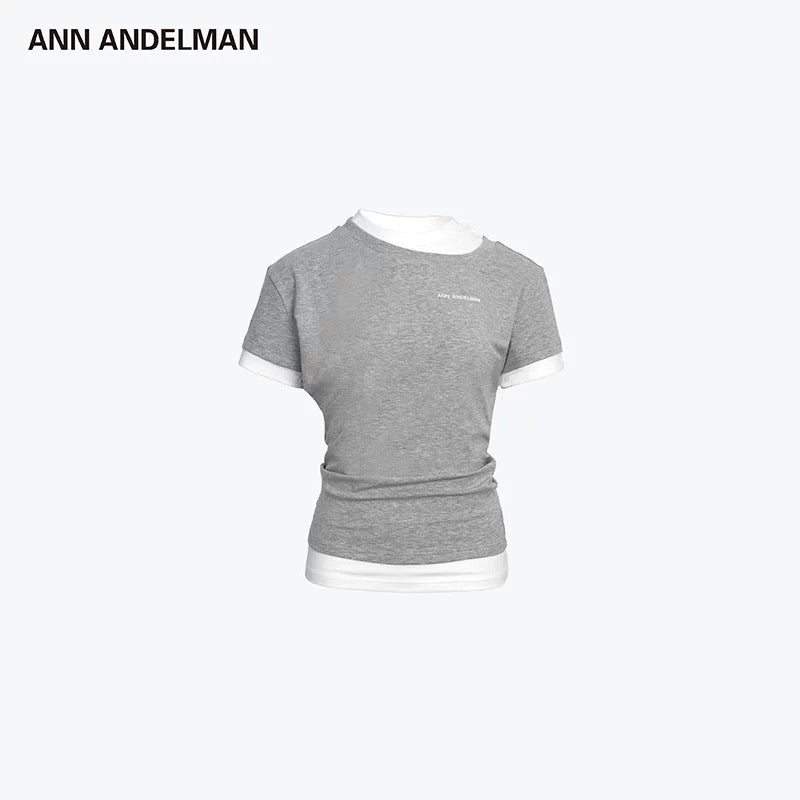 ANN ANDELMAN | Double-Collar Slim-Fit Short-Sleeve Top (2 Color)