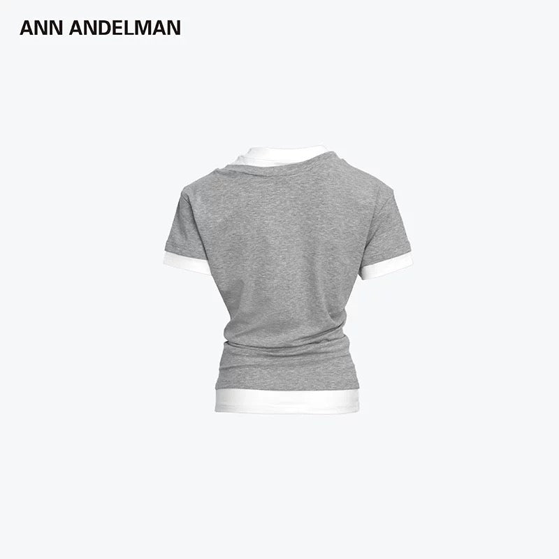 ANN ANDELMAN | Double-Collar Slim-Fit Short-Sleeve Top (2 Color)