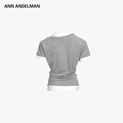 ANN ANDELMAN | Double-Collar Slim-Fit Short-Sleeve Top (2 Color)