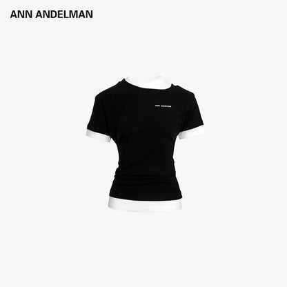 ANN ANDELMAN | Double-Collar Slim-Fit Short-Sleeve Top (2 Color)