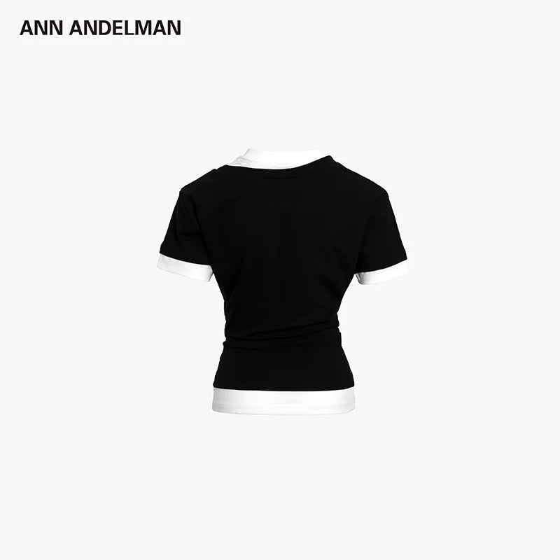 ANN ANDELMAN | Double-Collar Slim-Fit Short-Sleeve Top (2 Color)