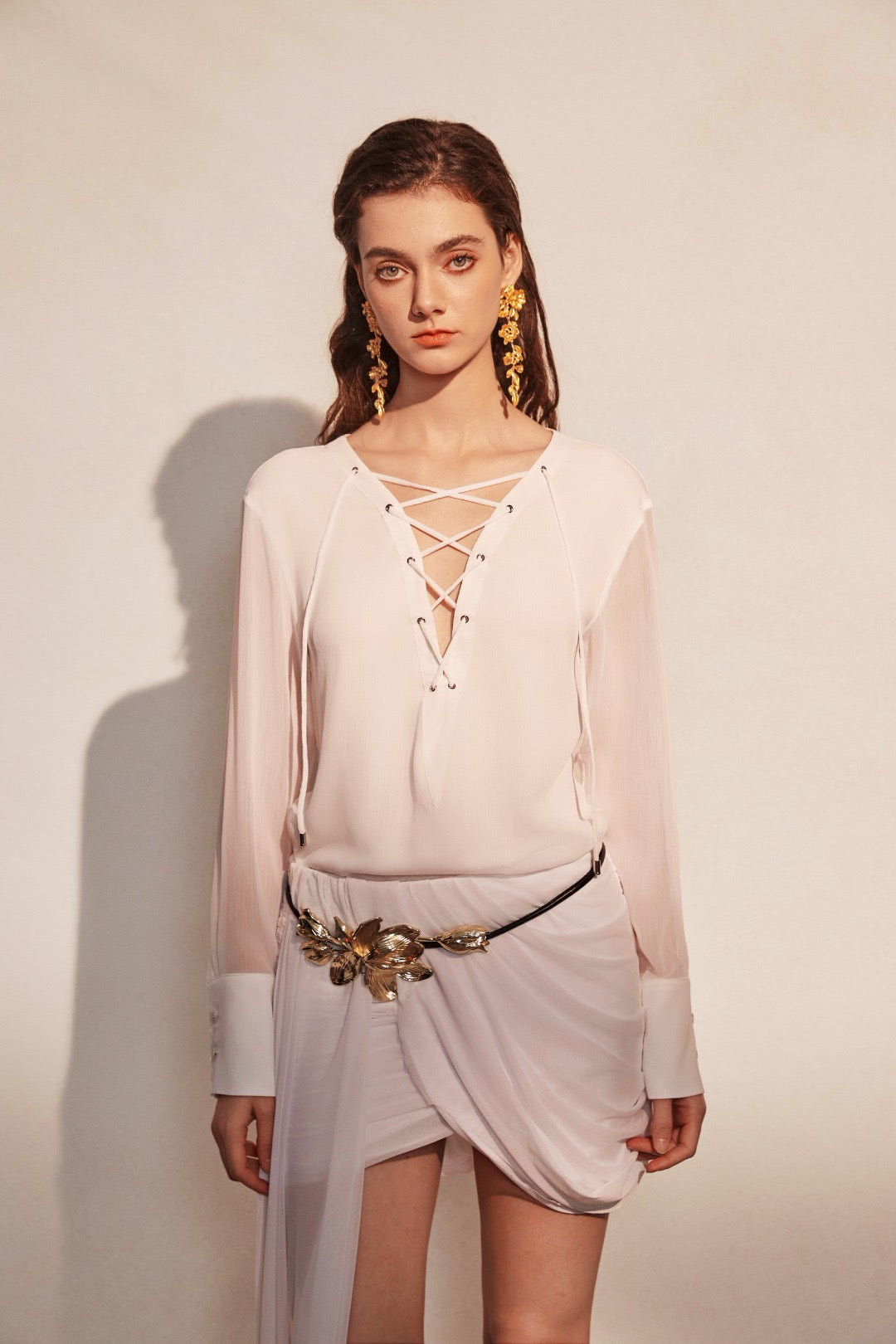 KINGWEN | White V-Neck Chiffon Shirt + White Ruched Skirt